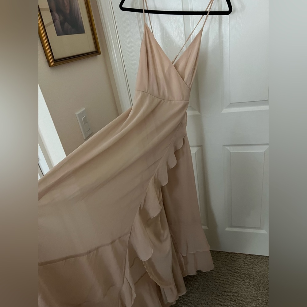 Lulu's Nude One-Shoulder Ruffle Chiffon Maxi Dress